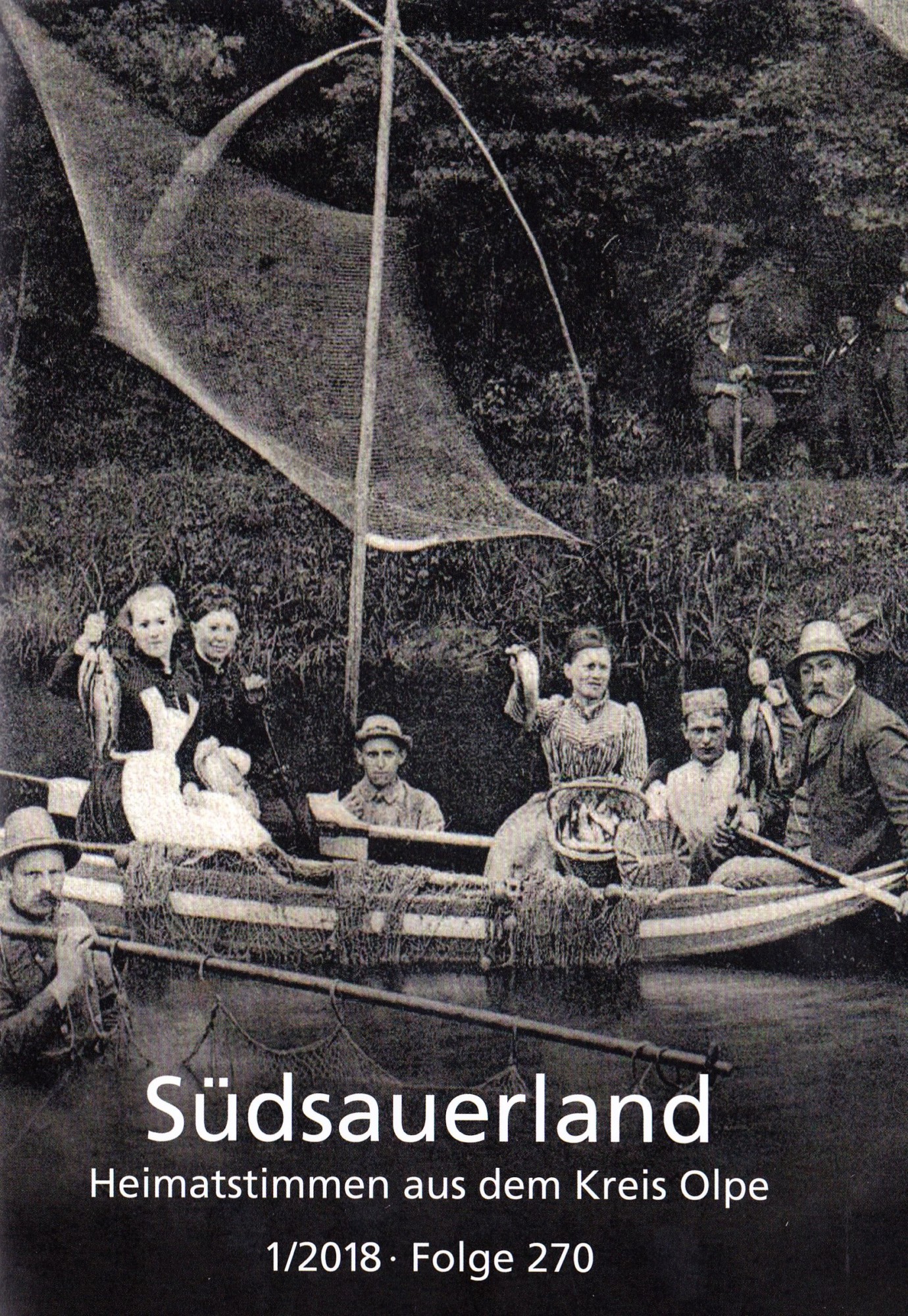 Das Titelbild von „Südsauerland“ zeigt einen Fischzug an der Lenne bei Saalhausen als touristisches Angebot auf einer Ansichtskarte um 1910.