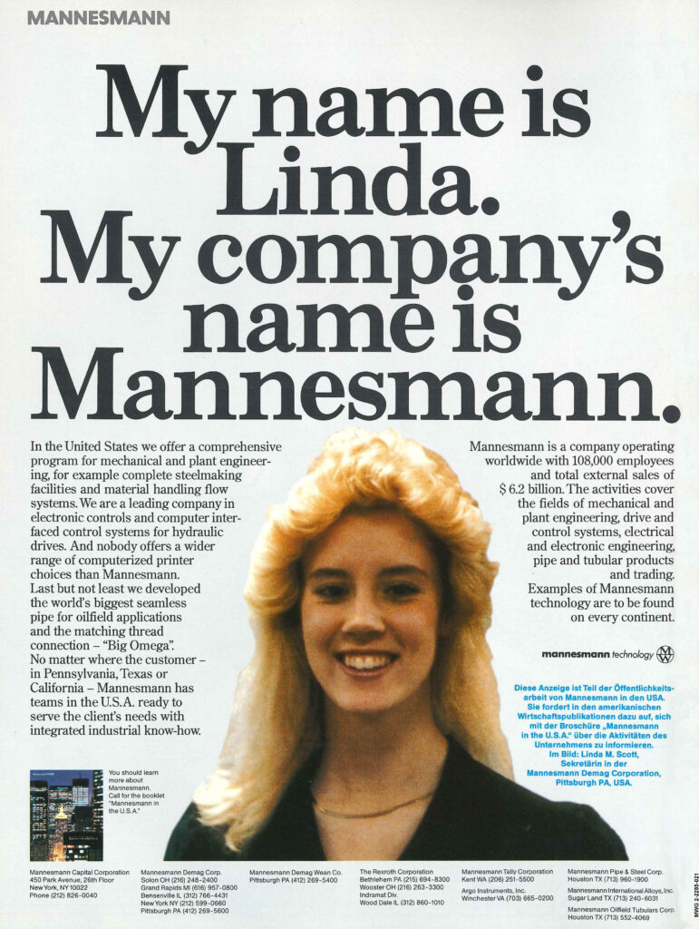 Auszeichnung von Business Week USA: Best Read Advertisement of the Month, September 1987, Herkunftsnachweis: Salzgitter AG Konzernarchiv/Mannesmann Archiv